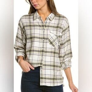 Rag‎ & Bone Womens Plaid Button Down Shirt Cream Tan Green Viscose Cotton Size M